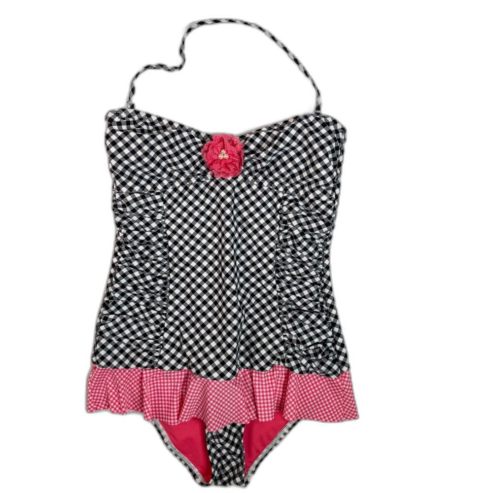 Hobie | Women's Swim Suit Black and White Checkered with Pink Flower and Ruffle